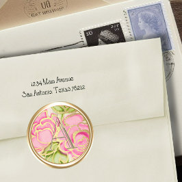 全イニシャル金ゴールドモノグラムピンクローズ ラウンドシール