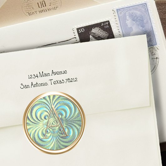 全イニシャル金ゴールドモノグラムブルーアクアグリーン ラウンドシール