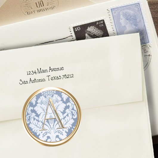 全イニシャル金ゴールドモノグラムブルーダマスク ラウンドシール