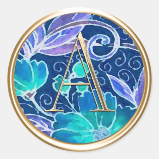 全イニシャル金ゴールドモノグラムラズベリーブルーフローラ ラウンドシール (正面)