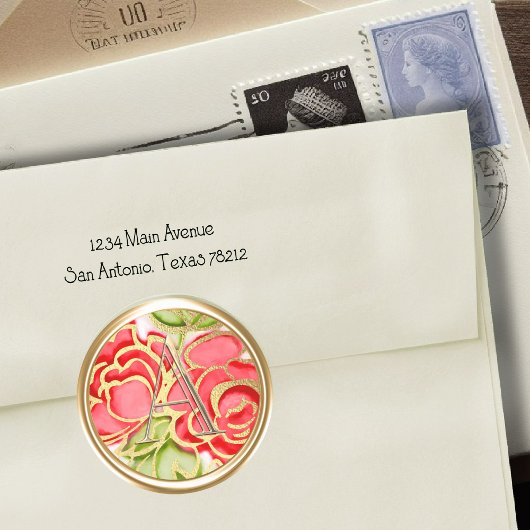 全イニシャル金ゴールドモノグラムレッドローゼス ラウンドシール