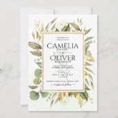 全エレガント一グリーン金ゴールド葉ズ結婚ズ 招待状 (正面)