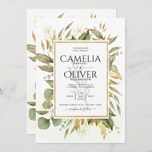 全エレガント一グリーン金ゴールド葉ズ結婚ズ 招待状 (正面/裏面)