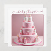 全ピンクの赤ちゃんシャワーケーキとベビーボトル 招待状 (正面/裏面)