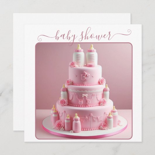 全ピンクの赤ちゃんシャワーケーキとベビーボトル 招待状 (正面/裏面)