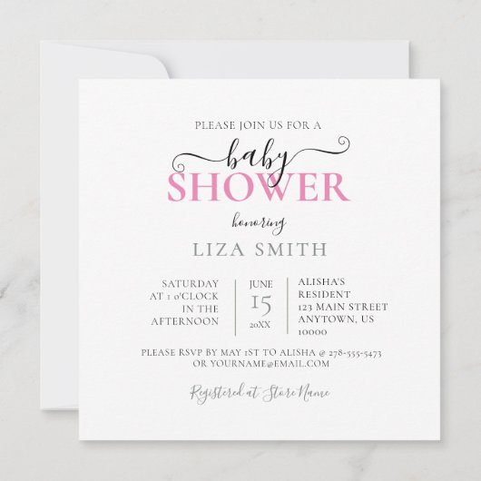 全ピンクの赤ちゃんシャワーケーキとベビーボトル 招待状 (裏面)