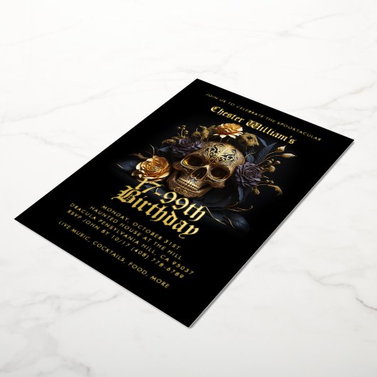 全モダン年齢21歳から99歳までの誕生日金ゴールドスカルバラ 箔招待状 (回転した状態)