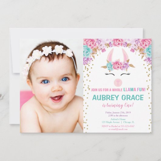 全ラマおもしろいの女の子の誕生日パーティーの写真 招待状 (正面)