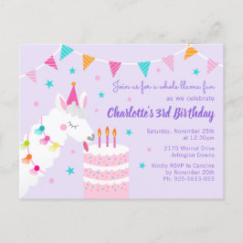 全ラマおもしろいケーキ第3バースデーパープル インビテーションポストカード
