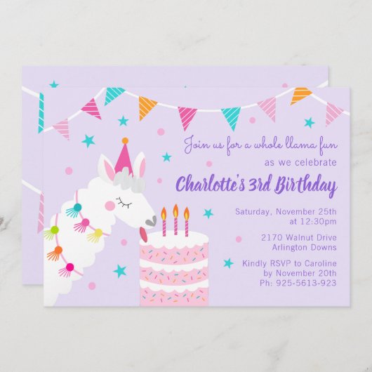 全ラマおもしろいケーキ第3バースデーパープル 招待状 (正面/裏面)