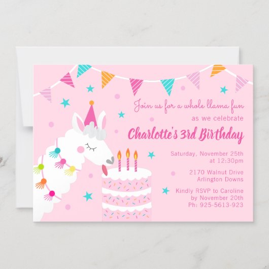 全ラマおもしろいケーキ第3バースデーピンク マグネット招待状 (正面)