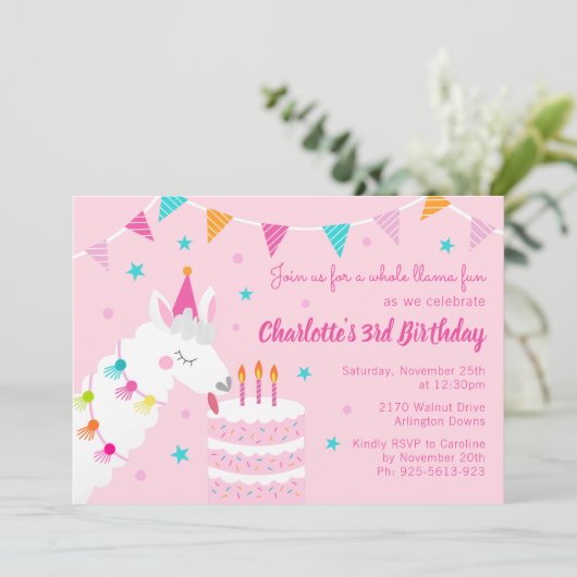 全ラマおもしろいケーキ第3バースデーピンク 招待状 (スタンド正面)