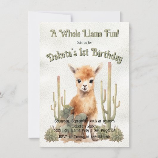 全ラマおもしろいターニングワン誕生日 招待状 (正面)