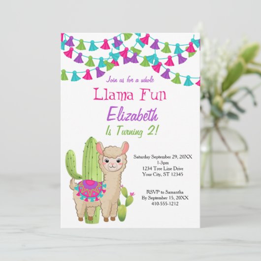 全ラマおもしろいピンクパープルサボテン2回目の誕生日 招待状 (スタンド正面)