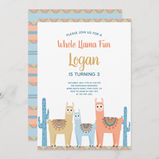 全ラマのおもしろいかわいい動物の男の子の誕生会 招待状 (正面/裏面)