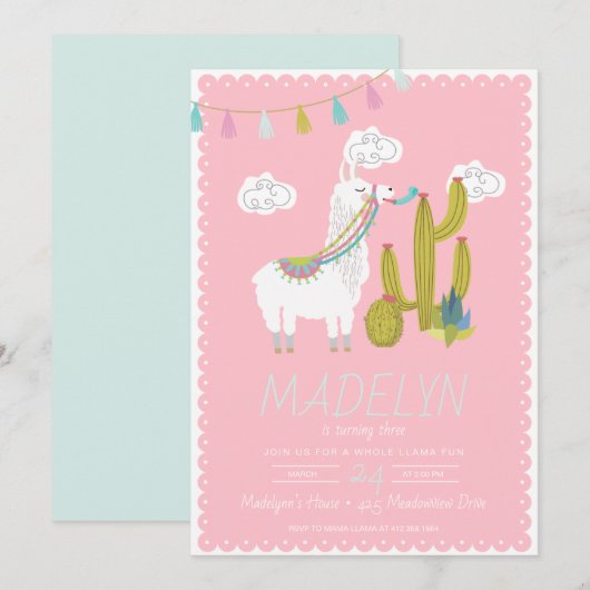 全ラマのおもしろいのAlpaceの誕生日の招待状 招待状 (正面/裏面)