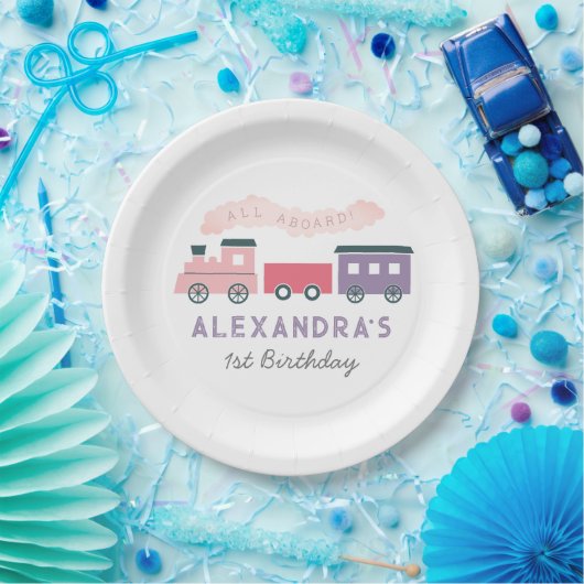 全乗客蒸気列車ピンクガール誕生日 ペーパープレート (パーティー)