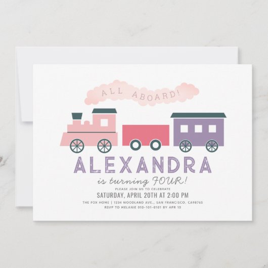 全乗客蒸気列車ピンクガール誕生日 招待状 (正面)
