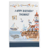 全乗船海水色子供の誕生日パーティー ミディアムペーパーバッグ (正面)