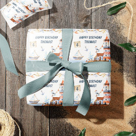 全乗船海水色子供の誕生日パーティー ラッピングペーパー