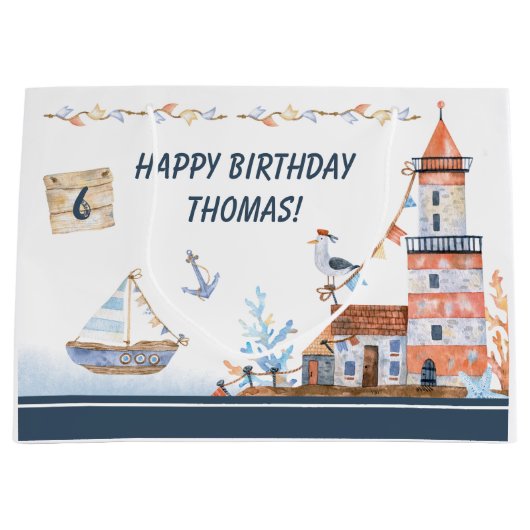 全乗船海水色子供の誕生日パーティー ラージペーパーバッグ (正面)