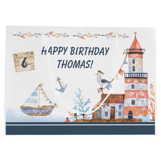 全乗船海水色子供の誕生日パーティー ラージペーパーバッグ (裏面)