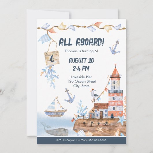 全乗船海水色子供の誕生日パーティー 招待状 (正面)