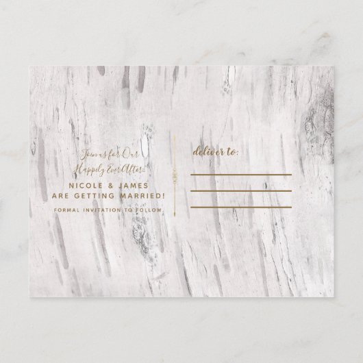 全体写真の素朴なホワイトビーチ材の「Save The Date」 案内ポストカード (裏面)