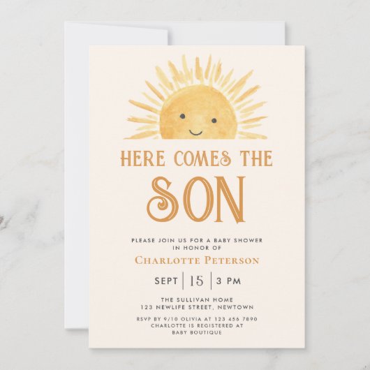 全員ここに一来つで息子の赤ん坊シャワー 招待状 (正面)