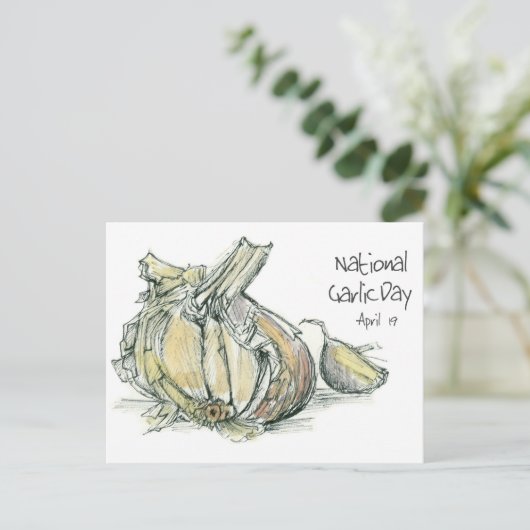 全国ニンニクの日4月19日ハーブ料理食品 ポストカード (スタンド正面)