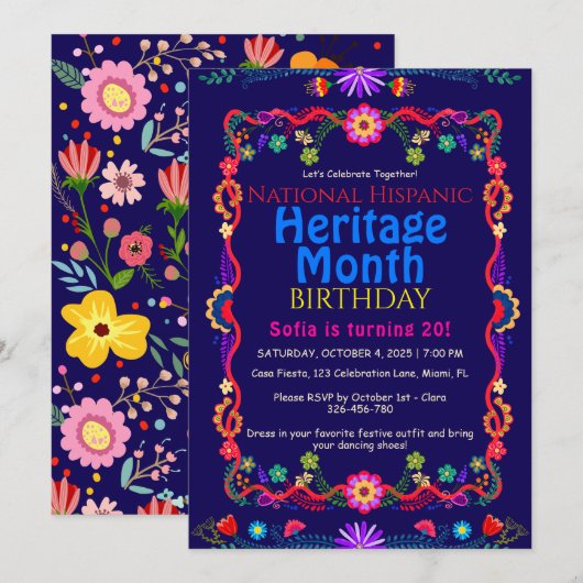 全国ヒスパニック ヘリテージ バースデー カラフル フローラル 招待状 (正面/裏面)