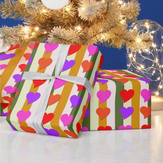 全大事な行事おもしろい、カラフルハートおよびストライプ ラッピングペーパー (クリスマス)