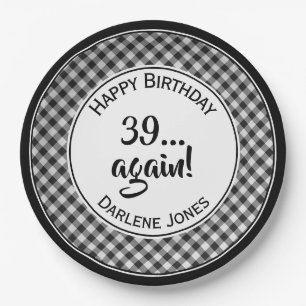 全年齢誕生日黒ギンガムチェック ペーパープレート