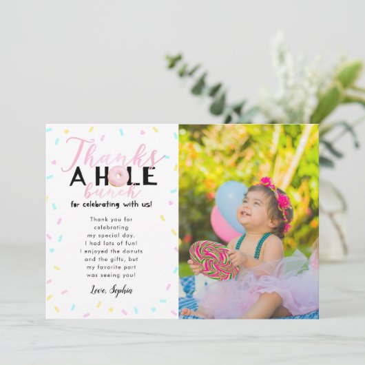 全束ドーナツ誕生会の写真を感謝していしています サンキューカード (スタンド正面)