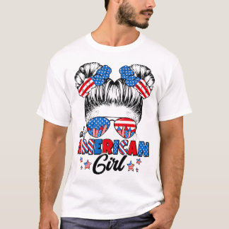 全米おもしろい人少女Messy Bun Patriotic 4Th Of Tシャツ