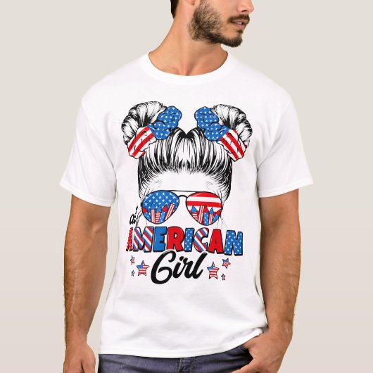 全米おもしろい人少女Messy Bun Patriotic 4Th Of Tシャツ (正面)