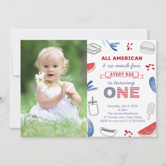 全米赤白青1歳の誕生日パーティー 招待状 (正面)