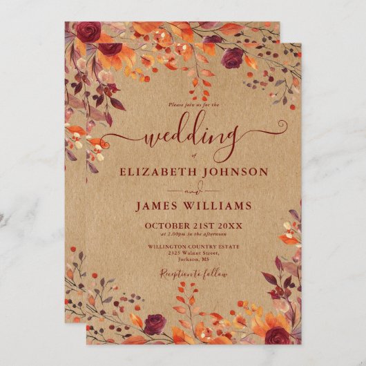 全素朴て秋の秋フローラ結婚 招待状 (正面/裏面)