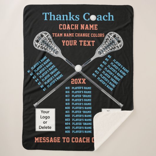 全選手の名前ラクロスコーチがあらゆる色を贈る シェルパブランケット (正面)
