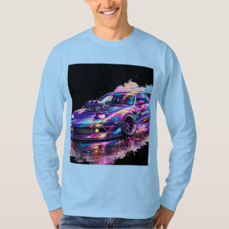 全面フルスリーブのライトブルーカラーの車デザイン Tシャツ
