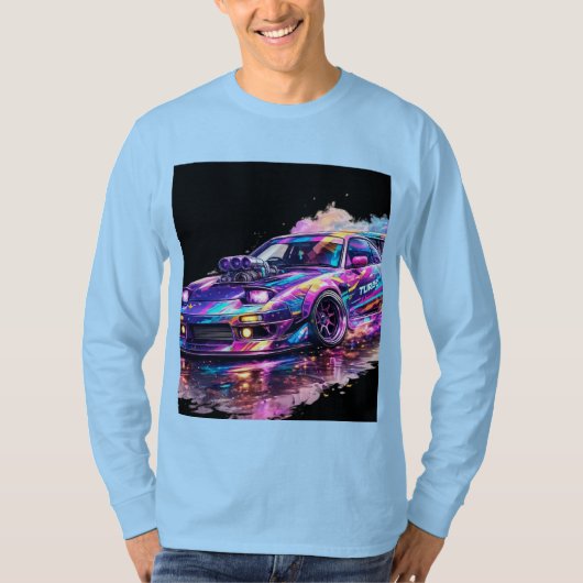 全面フルスリーブのライトブルーカラーの車デザイン Tシャツ (正面)