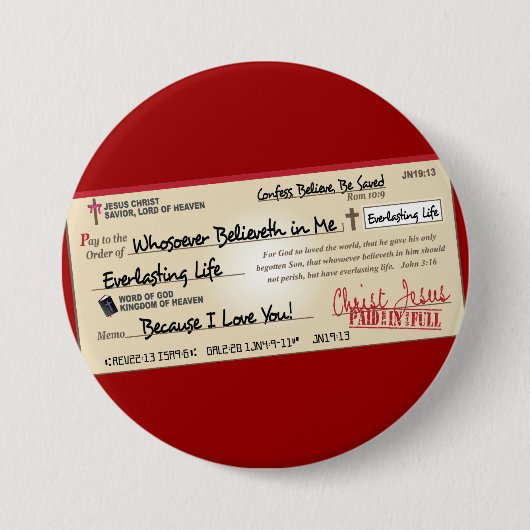 全額支払われるイエス・キリストの点検によって救われて 缶バッジ (正面)