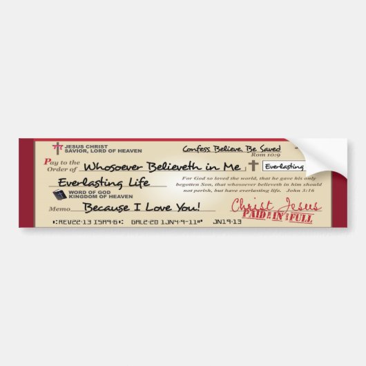 全額支払われるイエス・キリストの点検のクリスチャンによって救われて バンパーステッカー (正面)