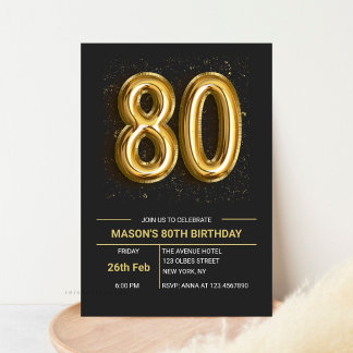 八エレガント十ブラック金ゴールド80th誕生日パーティー 招待状