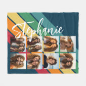 八フォトレトロストライプパターン虹モノグラム フリースブランケット (正面(横))