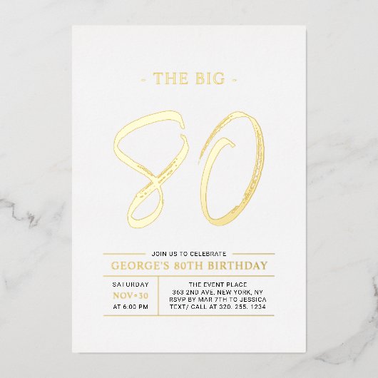 八十 |モダン金ゴールド80th誕生日パーティー 箔招待状 (正面)