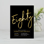 八十 |モダン金ゴールド&ブラック80thバースデーパーティー 箔招待状 (立ち正面)