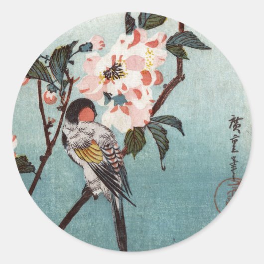 八重桜に鳥,広重さくらんぼ花鳥,広重,浮世絵 ラウンドシール (正面)