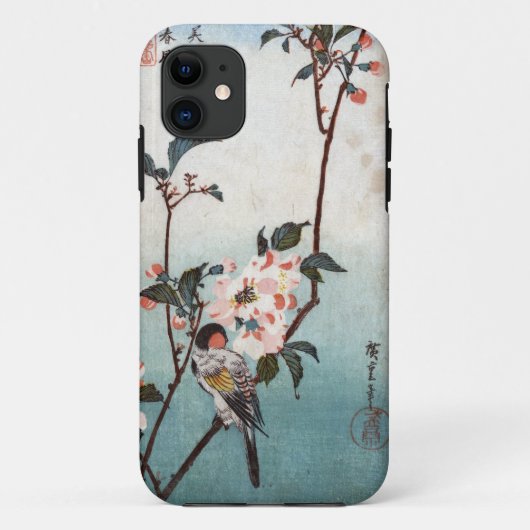 八重桜に鳥、広重の桜及び鳥、Hiroshigeの浮世絵 Case-Mate iPhoneケース (裏面)