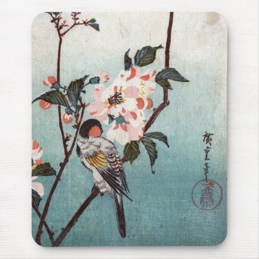 八重桜に鳥, 広重 Cherry Blossom & Bird, Hiroshige, Ukiyoe マウスパッド (正面)
